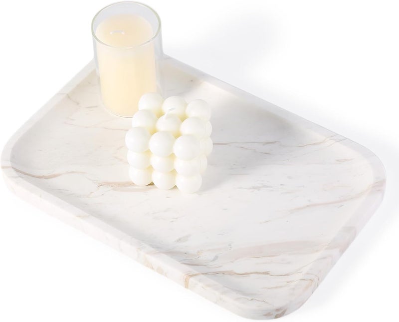karibiber Marble Vanity Tray, Marble Bathroom Tray Countertop, Decorative Trays for Dresser Organizer, White Stone Storage Serving Trays for Kitchen, Perfume, Jewelry Cathall Holder - Image 1